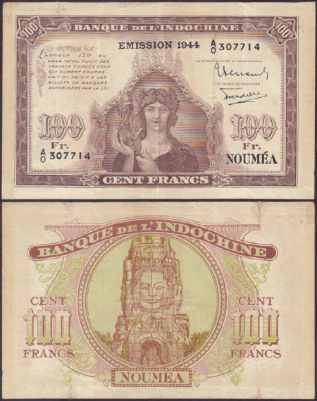 1944 New Caledonia 100 Francs (aVF)